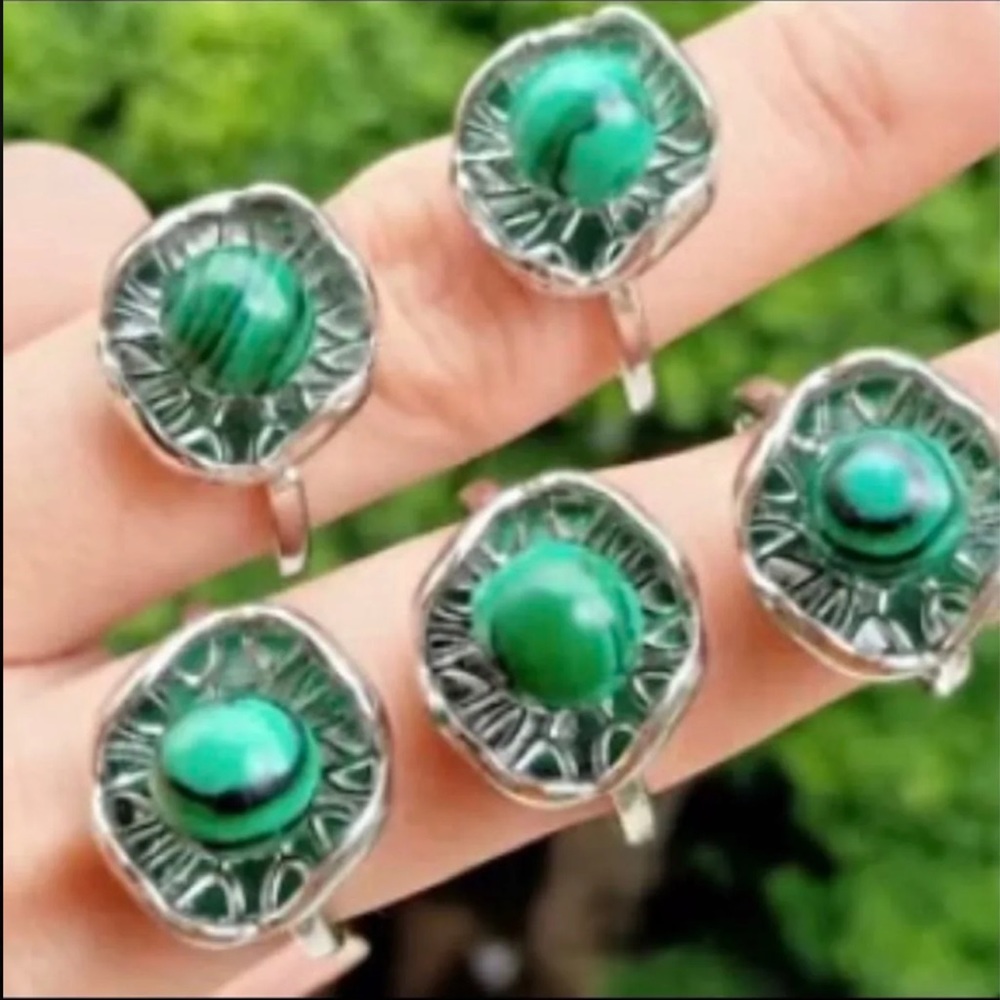 Silver and Green malachite adjustable Ring